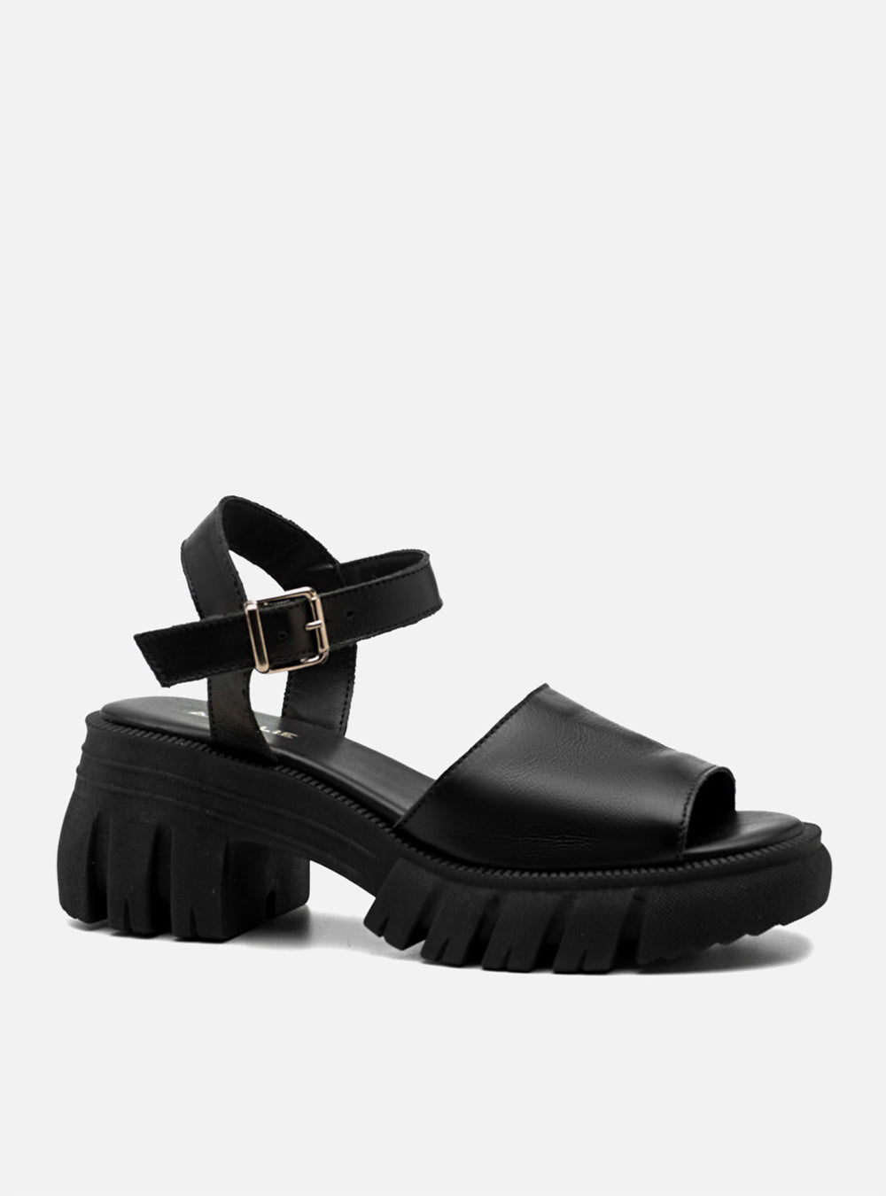 Sandália em Couro Tratorada Maitê Preta Tira Lisa