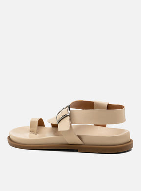 Sandália Papete em Couro Off White com Fivela e Dedeira