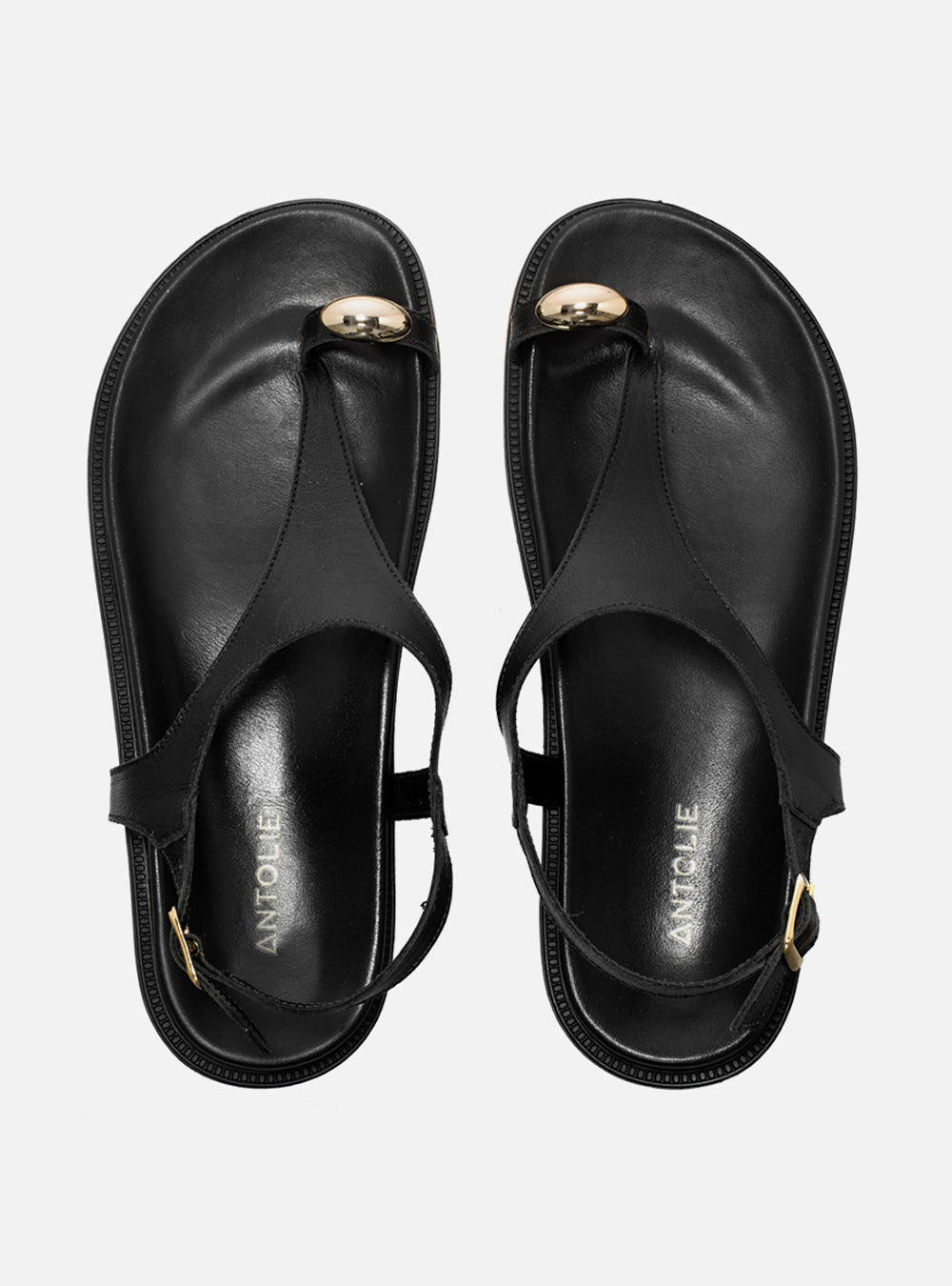 Sandália Papete em Couro Preta Dedeira Metal