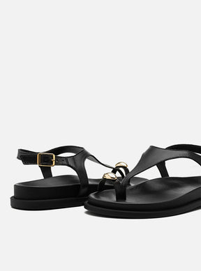 Sandália Papete em Couro Preta Dedeira Metal